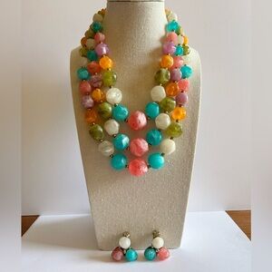 Vintage Kramer Beaded Multi Colored Necklace Triple strand Matching Earrings